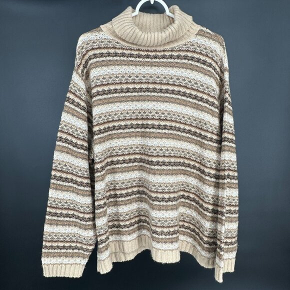 Fashion Bug 90s Plus Size 22/24W Beige Brown Striped Turtleneck Sweater - Picture 1 of 10